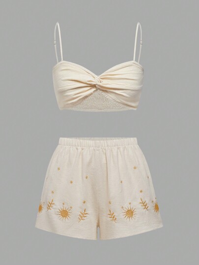 Hippie Holiday Style Sun Embroidery Twist Knot Design Women's Tank Top And Shorts 2-Piece Set