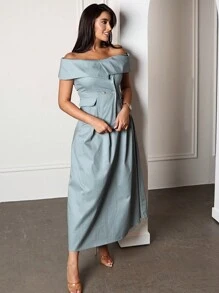 Modelyn 女士露肩双排扣上衣和裙子两件套，简约风格两件套 - 綠色 - 查看 3