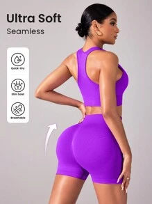 Easithlete Women's Seamless Solid Color Tank Top And Shorts Sports Set, Summer - Purple - View 2