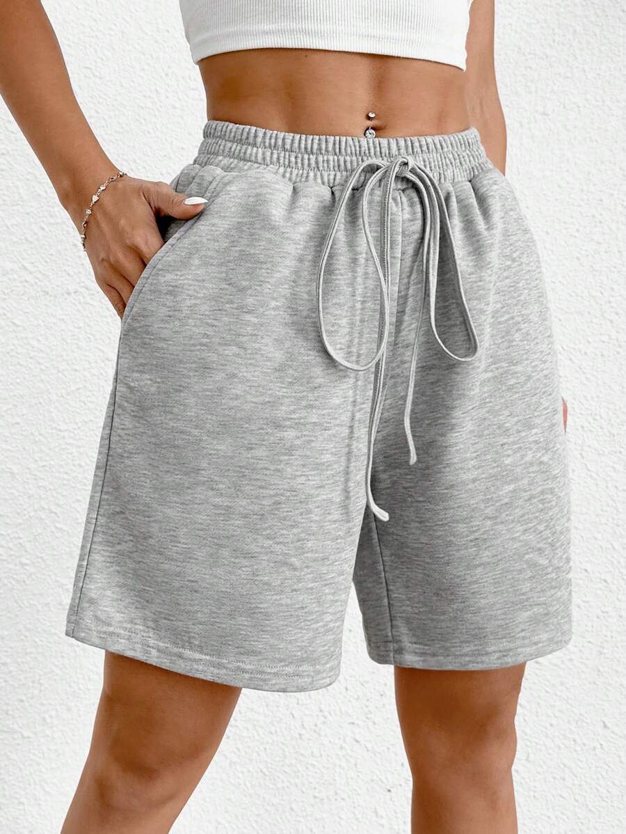 SHEIN PETITE 實心結腰斜口袋短褲 - 灰色 - 查看 1