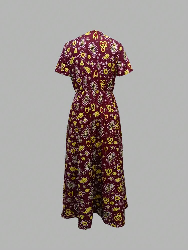 V-Neck Paisley Pattern Elastic Waist Side Slit Vacation Dress