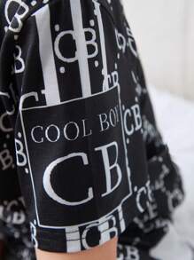 SHEIN 少年男孩字母印花時尚舒適短袖T恤和短褲針織抗火透氣家居服套裝，夏季2件套