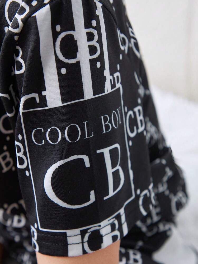 Tween Boy Letter Printed And Comfortable Short Sleeve T-Shirt And Shorts Knit Flame Resistant Breathable Homewear Pajamas 2pcs Set, Summer