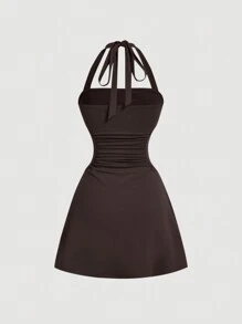 SHEIN MOD Women's Grey V-Neck Waist-Cinching A-Line Dress