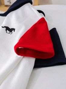 SHEIN 嬰兒男寶寶半開襟撞色短袖連體衣，帶按扣底部的立領套裝 - 白色 - 查看 10