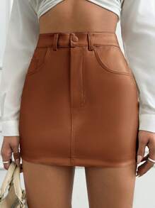 EURMUSE Women's Slim Fit Pu Leather Skirt - Brown - View 1