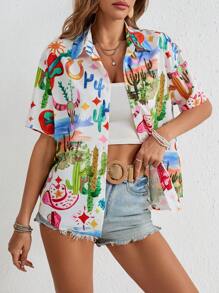 SHEIN VCAY 度假涂鸦印花常规款休闲女式衬衫，夏季，短袖上衣 - 白色 - 查看 3