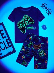 SHEIN 年輕男孩uv光敏感發光印花針織緊身家居服裝套裝 - 彩色 - 查看 2