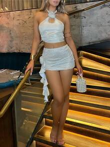 Women's Ultra Sparkly & Sexy Party Top With 3d Flowers & Ruffle Hem And Mini Skirt Two Pieces Set - Silver - View 6