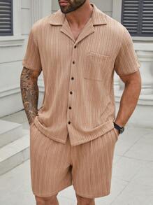 Manfinity Homme Men Plus Size Solid Color Casual Daily Spring Summer Short Sleeve Shirt And Shorts Set - Khaki - View 5