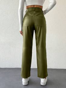 RueChic Women Straight-Legged Casual Long Pants In Solid Color PU Leather