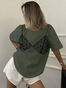 DAZY Áo thun nữ tay ngắn cổ tròn rộng rãi màu lưới tương phản họa tiết áo thun họa tiết - màu xanh lá - Xem 3