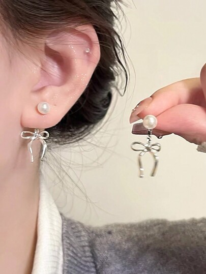 DAZY Women's Bowknot Decoration Faux Pearl Ear Studs Valentines,Mom,Mother,Mother's Day,Gift