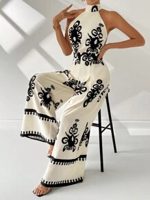 Firerie Mono de pierna ancha con estilo vacacional para mujer con impresión en toda la pieza, cuello halter y bolsillos inclinados para el verano