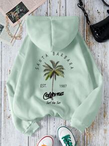 INAWLY Ladies' Hoodie With Palm Tree Print On Back SANTA EST 1987 California Surf The Sun,Long Sleeve Tops Pullover Fall Sweatshirt - Green - View 1