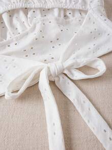 SHEIN VCAY Summer Holiday Knitted Solid Eyelet Embroidery Frill Trim Crop Tank Top