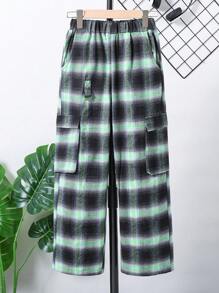 Tween Boy Elastic Waist Loose Fit Casual Plaid Cargo Pants