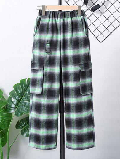 Tween Boy Elastic Waist Loose Fit Casual Plaid Cargo Pants