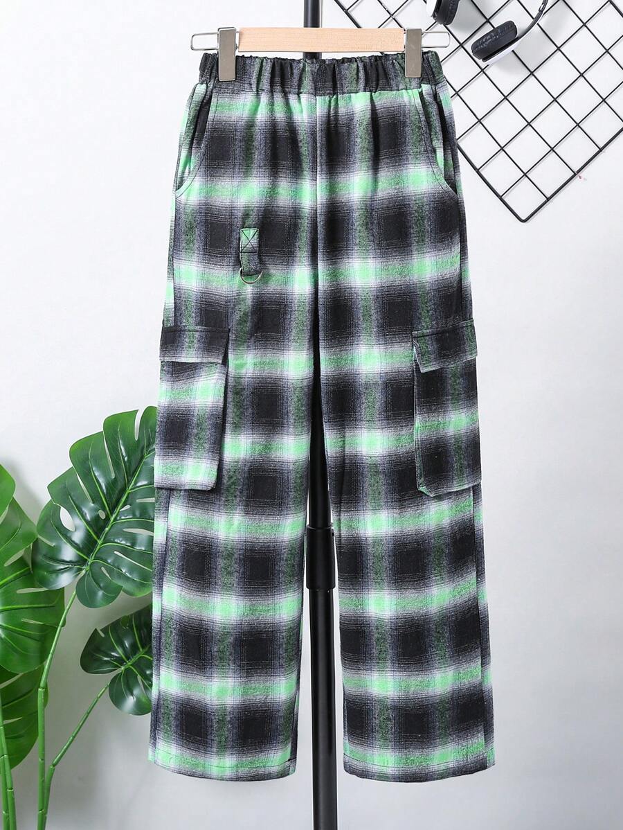 Tween Boy Elastic Waist Loose Fit Casual Plaid Cargo Pants