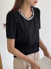 DAZY Color Block Round Neck Short Sleeve Women's T-Shirt With Faux Pocket Decoration