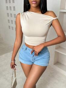 BamGleam Áo không tay đơn giản hàng ngày màu trơn cho nữ - Màu be - Xem 7