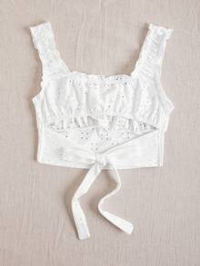 SHEIN VCAY Summer Holiday Knitted Solid Eyelet Embroidery Frill Trim Crop Tank Top
