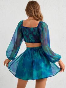 SHEIN VCAY Feiertagskleid mit Batikdruck, Laternenärmeln, Taillenauschnitt und ausgeschnittenem Herzausschnitt für Frauen - Minzgrün - Übersicht 2