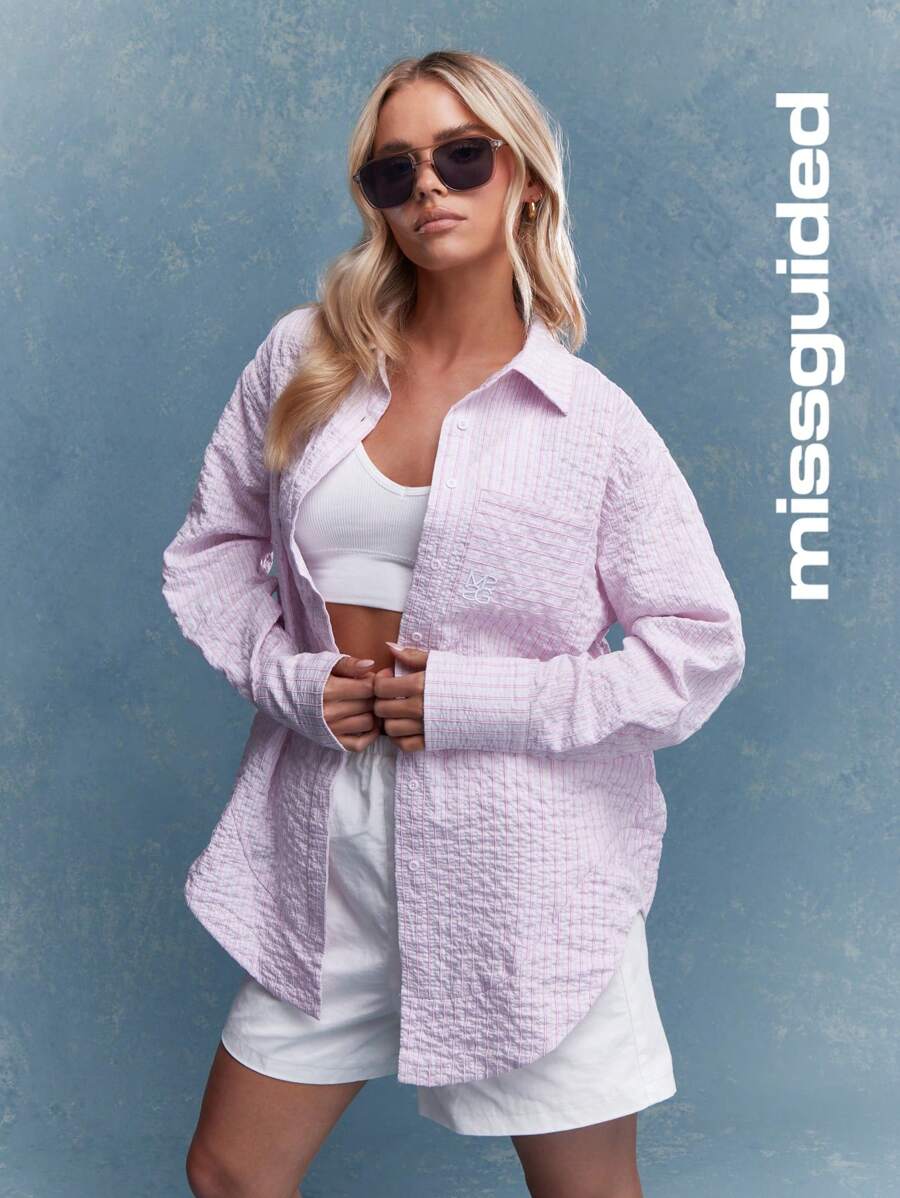 MISSGUIDED Textured Shirt Blouse With Pocket Detail - Pink - View 1