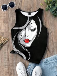 EMERY ROSE Summer Abstract Face Printed Round Neck Tank Top,Casual - White - View 6