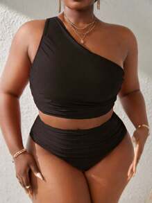 Slaydiva 大码女式纯色单肩无袖休闲分体泳衣套装，夏季海滩 - 黑色 - 查看 4