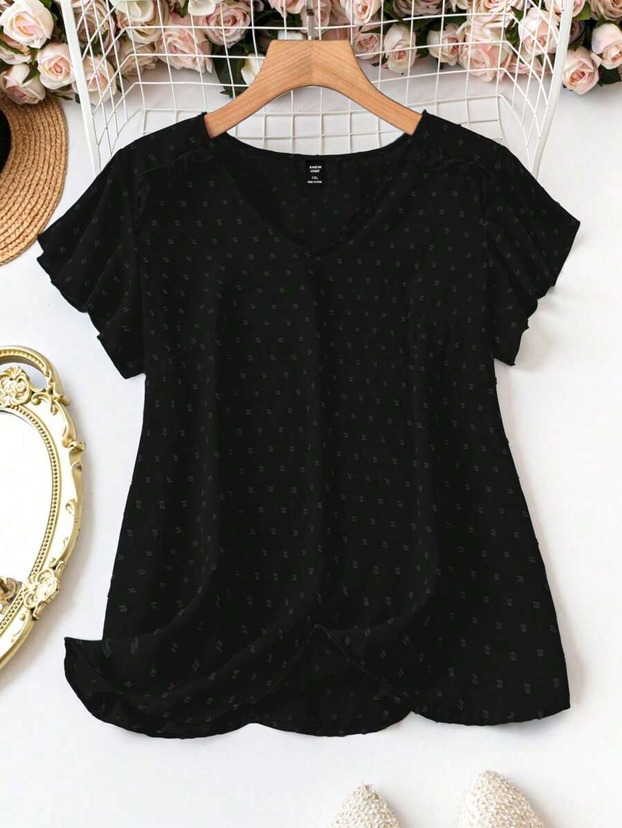 SHEIN LUNE Áo sơ mi hàng ngày đơn giản màu trơn cho nữ Plus Size - màu đen - Xem 1