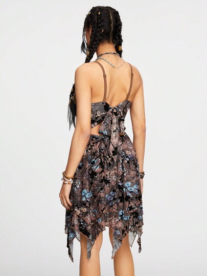 Fairycore Vestido de tirantes espaguetis para mujer con encaje de contraste y estampado floral de tinte anudado vintage, perfecto para verano
