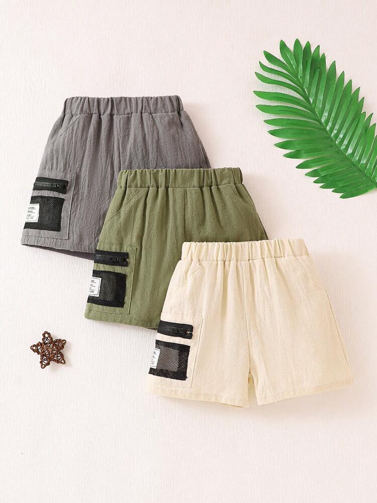 New Summer 3pcs/Set Baby Boys' Casual Outdoor Wind Cotton Shorts, Including Zipper Decoration Pockets And Elastic Waistband