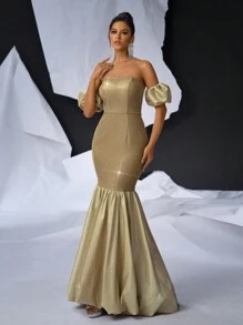 SHEIN Belle Women's Gorgeous Off-Shoulder Puff Sleeve Dress With Metallic Fabric & Satin Material Splicing, Mermaid Style Evening Gown - Gold - View 7