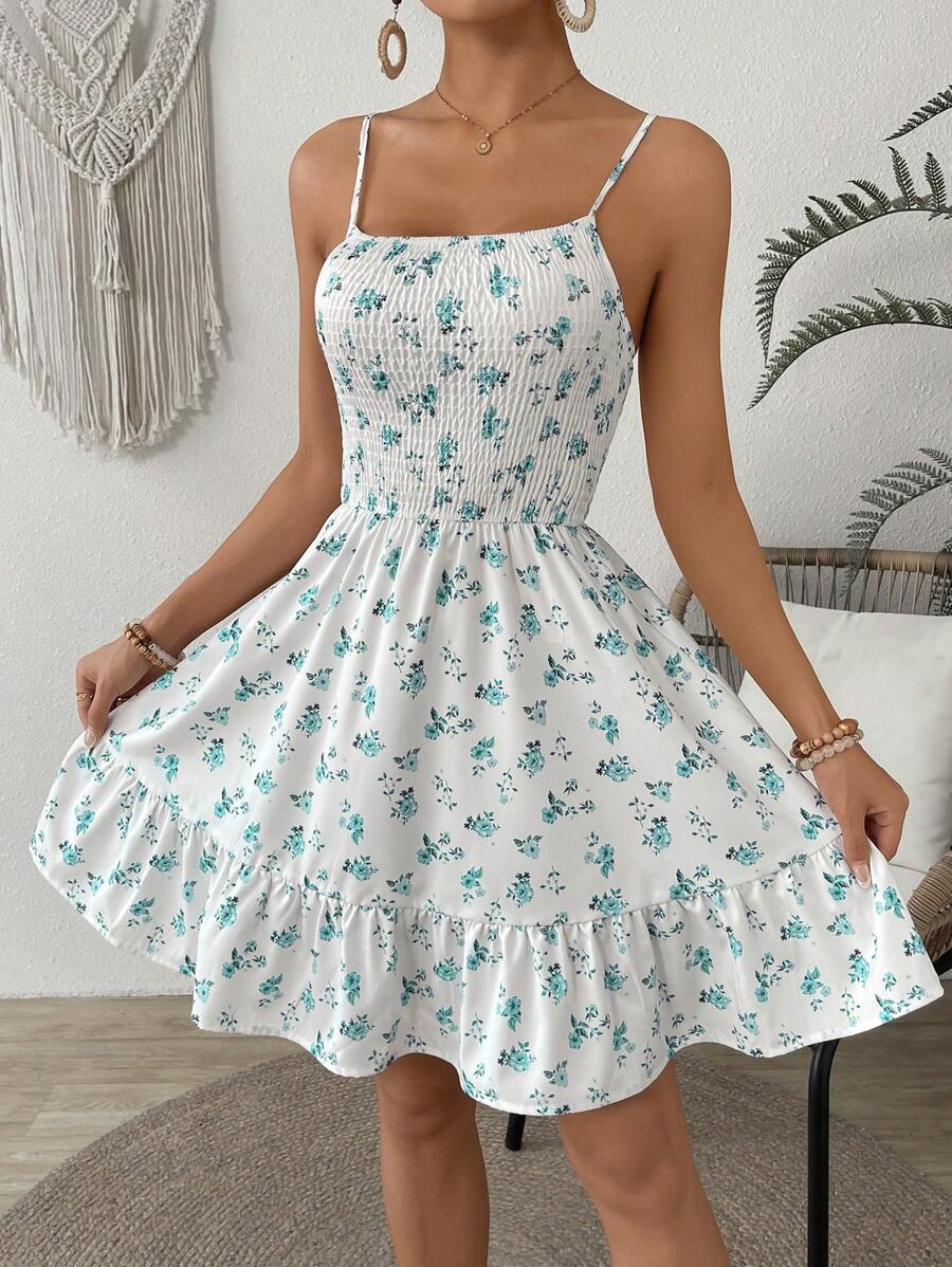 SHEIN VCAY Women's Summer Ruffle Shirred A-Line Spaghetti Strap Floral Dress - Green - View 1