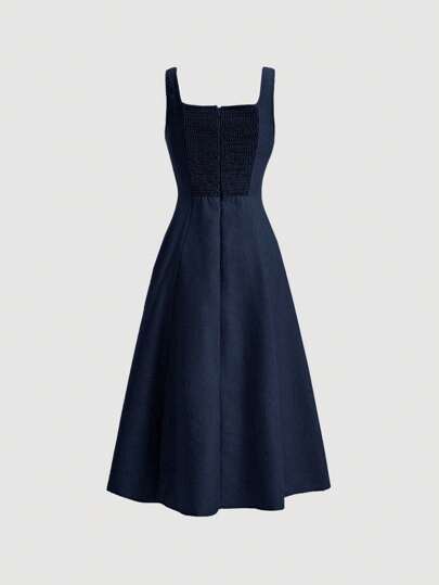 SHEIN MOD Váy len dệt kim không tay hở lưng hiệu ứng denim ôm sát phân khúc cho nữ, váy dài chữ A trơn màu xanh navy thanh lịch không tay cổ vuông vừa vặn dài cho nữ, mùa xuân/hè, trang phục thường ngày, váy mùa hè quần áo mùa xuân
