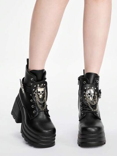 Goth Women's Gothic Skull Buckle Chunky Heel Comfortable Punk Style Mid-Calf Boots For Christmas And New Year Holiday Valentines