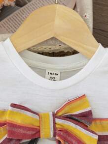 SHEIN Summer Baby Girl's Cute Vacation Knit Striped Short Sleeve T-Shirt With Bowknot, Elastic Waist Loose Pants Set