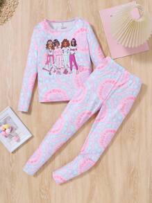 SHEIN Leap Crew Cô gái Tween Nhuộm buộc & Đồ họa Hình Áo thun & quần Vừa Khít Bộ PJ - Nhiều màu - Xem 5
