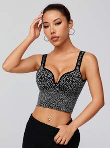 Easithlete Fashionable Jacquard Leopard Print Sports Bra - Black and White - View 6