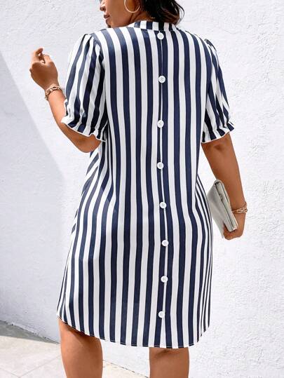 Plus Size Women Striped Print Simple Daily Dress, Summer Outfit
