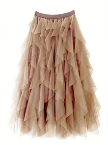 Heavily Embellished Asymmetrical Layered Tulle Skirt - Khaki - View 4