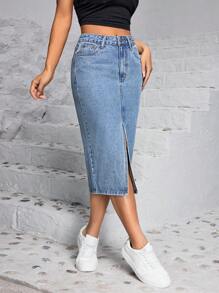 SHEIN PETITE Falda de mezclilla informal con raja frontal para el verano