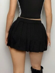 SHEIN ICON 低腰寬褶皺V形腰高開叉裙，十字紋帶和隱藏式口袋