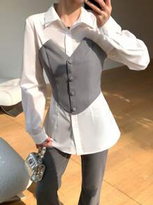 Mulvari Camisa 2 en 1 a la moda para mujer con bloqueo de color casual