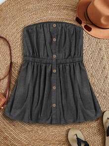 SHEIN CURVE+ Top sin tirantes diario de estilo simple y unicolor para mujer de talla grande - Gris - Ver 3