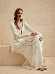 Anewsta Holiday Leisure Solid Color Hollow Out Knitted Fish Tail Long Cover Up Dress For Summer Beach Vacation