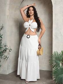 SHEIN SXY Top corto estivo in lino con stampa floreale BOHO adatto alle vacanze estive in spiaggia con cerchio - Bianco - Visualizzare 4