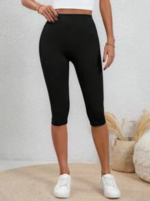SHEIN LUNE Mujeres leggins apretados con impresión de girasoles de longitud media, para uso casual en verano - Negro - Ver 4