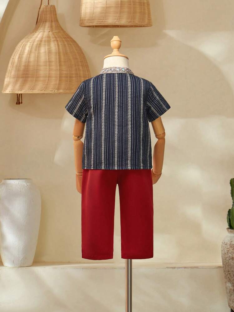 Baby Boy Artistic Design Regional Aesthetic Retro Short Sleeve T-Shirt And Solid Color Pants Set, Fashionable